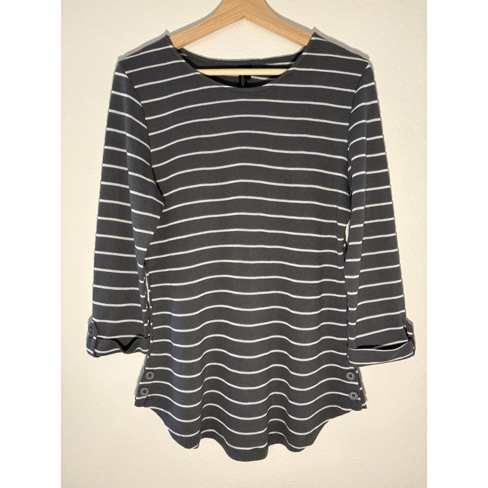 Allie & Rob Womens‎ 3/4 Sleeve Thermal Knit Top Striped Gray White